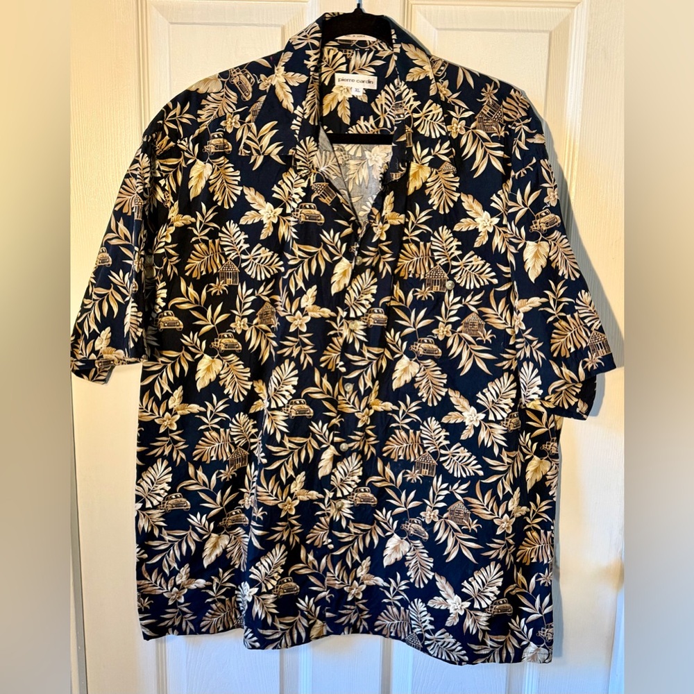 Pierre Hardin Black and Tan Floral Hawaiian Shirt, 100% cotton